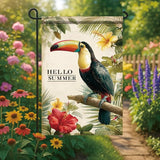 Hello Summer Garden Flag Tropical Toucan Bird Floral Leaves Outdoor Yard Porch Lawn Garden Decor for Beach Patio Cottage Farmhouse Seasonal Summer Home Display