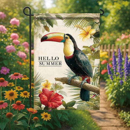 Hello Summer Garden Flag Tropical Toucan Bird Floral Leaves Outdoor Yard Porch Lawn Garden Decor for Beach Patio Cottage Farmhouse Seasonal Summer Home Display