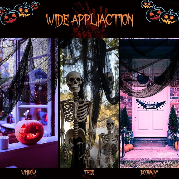 6 Pcs Halloween Decorations Creepy Cloth Indoor Outdoor, Scary Gauze Halloween Party Decoration, Spooky Home Decor Supply for Table Tree Garden Doorway Haunted House Yard Skeleton(Black+White,30x72)