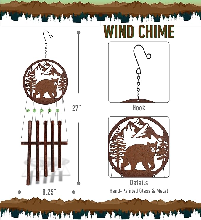 CoTa Global Black Bear Wind Chime - Handmade Glass and Metal Chime - Wild Life Hanging Decor - Colorful Home Decor Gift, Indoor and Outdoor Hanging Decoration for Porch, Patio, and Garden - 27 Inches