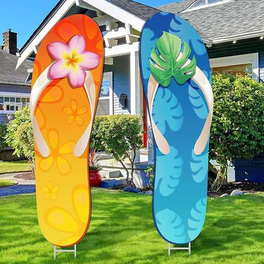 2 Pcs Summer Yard Signs Outdoor Lawn Decoration Summer Slippers Waterproof Courtyard Yard Decorations with Stake Garden Lawn Party Courtyard Decoration