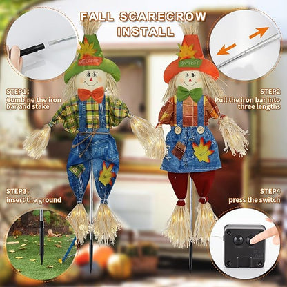 Fall Decorations Outdoor Scarecrow with Firework Lamp, Solar Powered Autumn Harvest Thanksgiving Halloween Decor for Yard,Garden,Porch, Farmhouse - 39 Inch