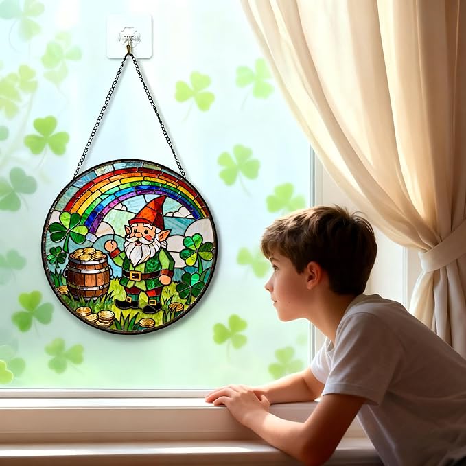 Funoasis St. Patrick's Day Stained Glass Suncatcher - 6.3 Inches Shamrock Rainbow Gold Coin Window Hanging Ornaments for Irish Spring Home Decor