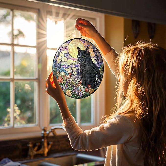 Black Cat Stained Glass Suncatcher – Cat Wild Floral Window Hanging Decor, Cats Memorial Gifts, Pet Loss Sympathy Gift for Pet Lovers, Home & Garden Decoration, Birthday, Christmas, Mother's Day