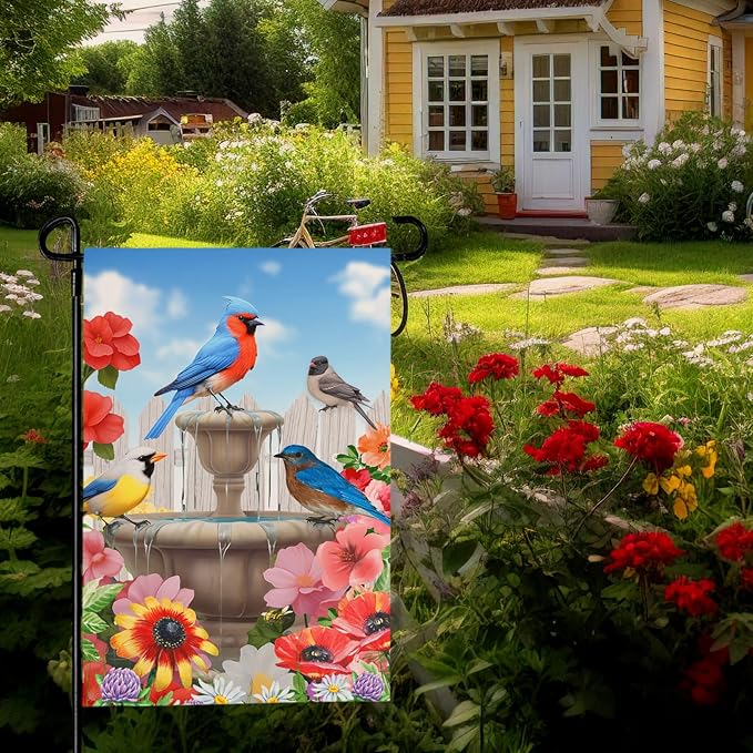 Summer Birdbath Gathering Garden Flag Birds Floral Yard Flag Double Side Polyester Colorful Flowers Garden Flags 12x18 Inch for Outdoor House Banner Decoration
