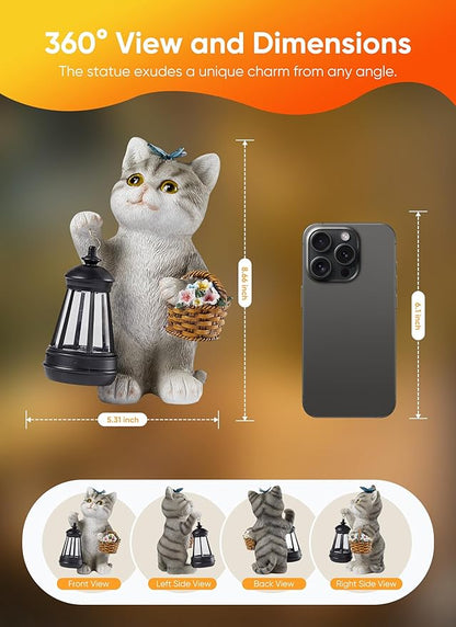 Brightown Solar Cat Garden Decor Statue with Solar Lantern Light, Hand-Painted Resin, IP65 Waterproof Outdoor Decor for Patio, Balcony & Yard Decorations, Unique Mothers Day Gifts for Mom Women