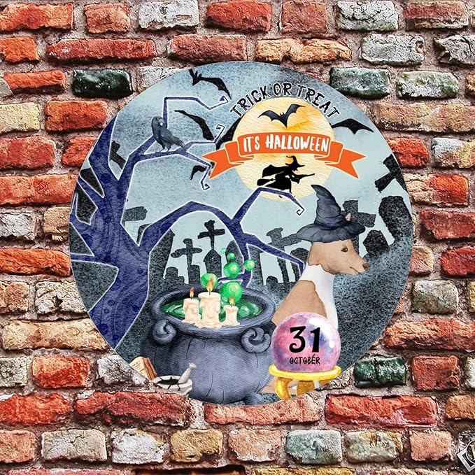 Retro Metal Sign 12"x12",Happy Halloween Scary Night Grave Witch Bats Trick Or Treat Dog Aluminum Tin Metal Sign for Home Living Room Bedroom Garden Farm Patio Decor Wall Art Poster