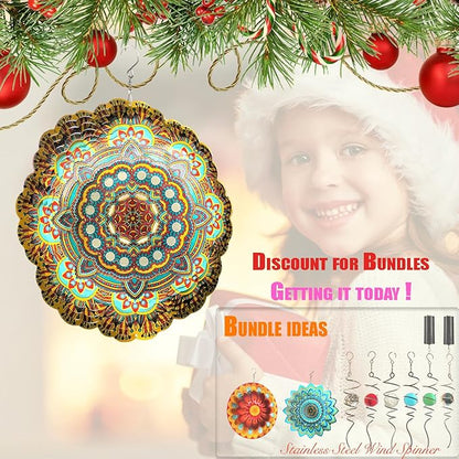 HS's Creation Hanging Wind Spinner 19 Guage 3D Metal 12 Inch for Garden Patio Outdoor Indoor Lawn Decoration Ornaments Gifts with Swivel Hooks Gift Weather Resistant Lucky Flower Gold Wind Spinners
