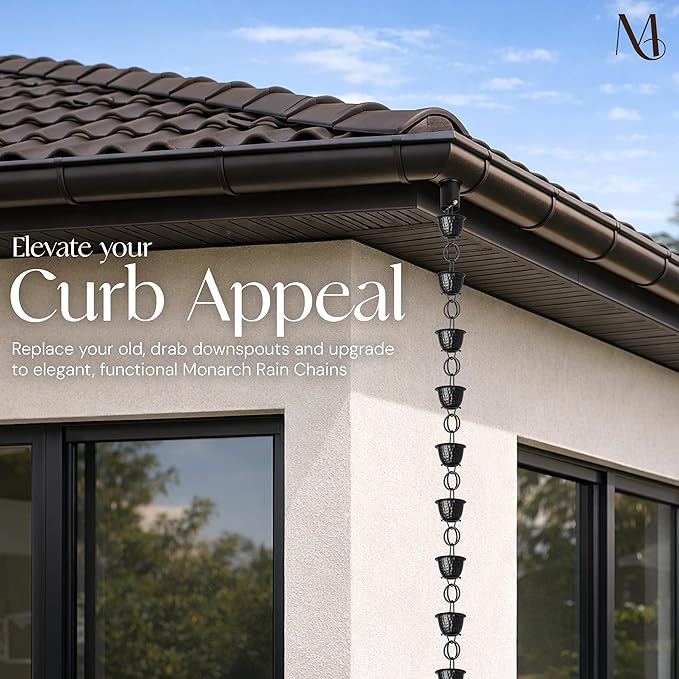 Monarch Rain Chains for Gutters Aluminum – 8.5 ft Hammered Black Rain Chain for Outside, Decorative Heavy Duty Gutter Catcher Downspout Replacement, Modern Durable Hanging Gutter Chain for Outdoor