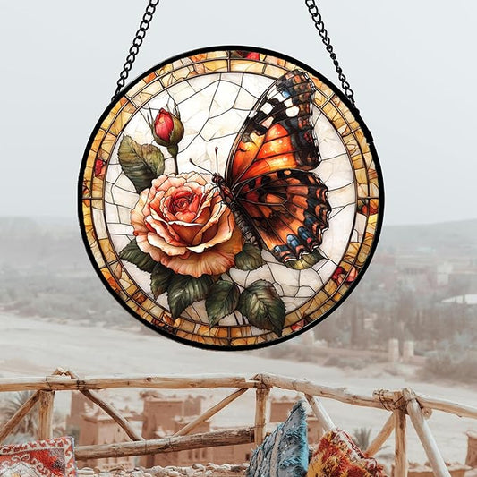 DASTOLL Stained Glass Window Hanging, Butterfly Picking Flowers Suncatcher for Doors Home Sun Catchers Decoration and Christmas, Mother's Day Birthday Gifts for Women, Men, and Mom 14.9x14.9 in