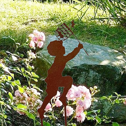 Iron Children Chasing Butterfly Statues Rustic Kids Silhouette Garden Yard Stakes Art Patio Porch Lawn Ornaments (Boy)