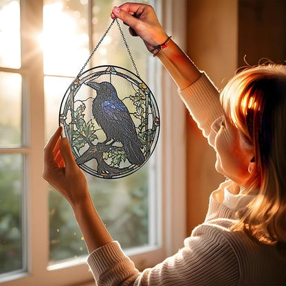 7.8" Crow Stained Glass Suncatchers Art Glass Ravens for Sun Catcher Indoor Gothic Gifts for Pet Animal Nature Floral Lovers Women Grandma Mom Friend Painted Panel Décor BIRD-04B-SG8