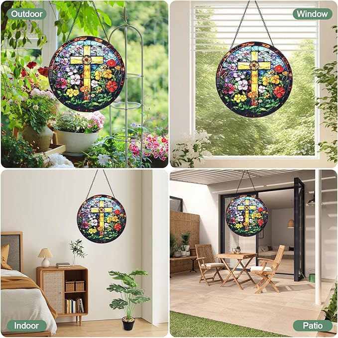 Cross & Wildflowers Stained Glass Window Hanging Suncatcher with Chain - 7.9" Outdoor/Indoor Art Decor for Home Garden, Thanksgiving, Wedding,Mother's, Valentine's & Christmas Ornaments Present