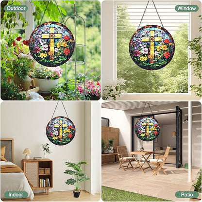 Cross & Wildflowers Stained Glass Window Hanging Suncatcher with Chain - 7.9" Outdoor/Indoor Art Decor for Home Garden, Thanksgiving, Wedding,Mother's, Valentine's & Christmas Ornaments Present