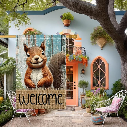Spring Summer Garden Flag Welcome Garden Flags 28x40 inch Double Sided Small Burlap Squirrel Decor Yard Lawn Outdoor Home Decoratio
