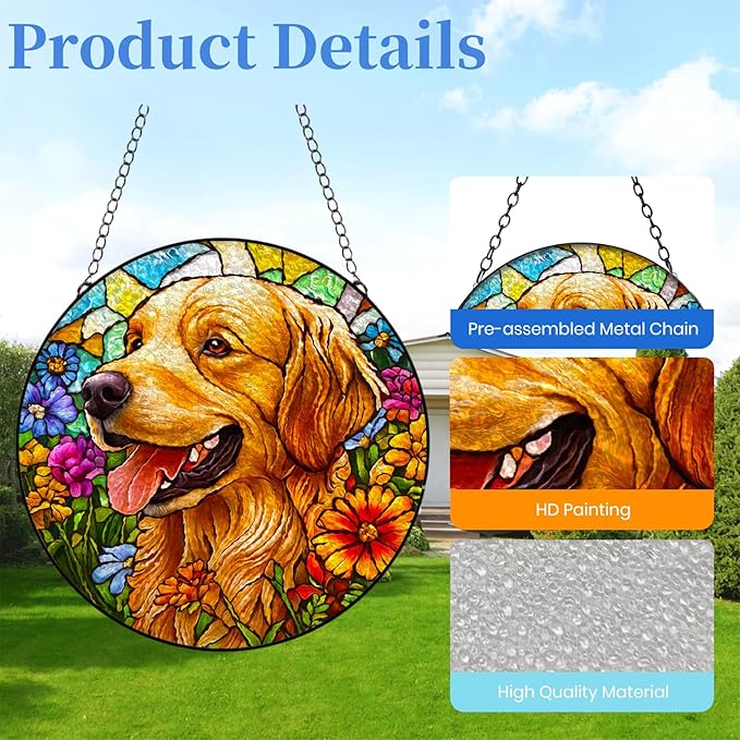 Stained Glass Suncatcher Golden Retriever Dog in Flowers Handmade Window Hangings Colored Glass Suncatcher Crafts Kits for Indoor Garden Christmas Decoration 16x16cm-1-2