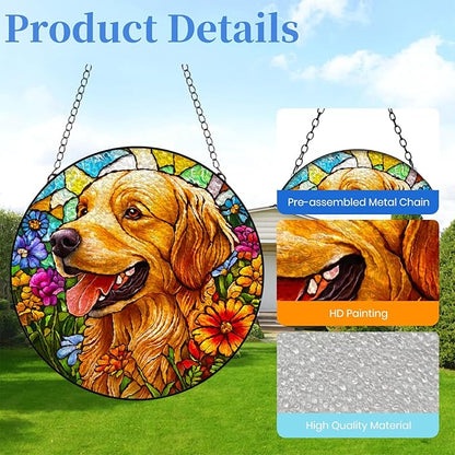 Stained Glass Suncatcher Golden Retriever Dog in Flowers Handmade Window Hangings Colored Glass Suncatcher Crafts Kits for Indoor Garden Christmas Decoration 16x16cm-1-2