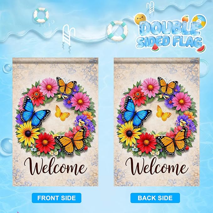 IVN Butterfly Garden Flag 12x18 Inch – Welcome Floral Wreath Outdoor Flag, Double Sided Burlap Spring Summer Yard Flag for Porch Lawn Patio Decor