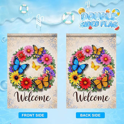 IVN Butterfly Garden Flag 12x18 Inch – Welcome Floral Wreath Outdoor Flag, Double Sided Burlap Spring Summer Yard Flag for Porch Lawn Patio Decor