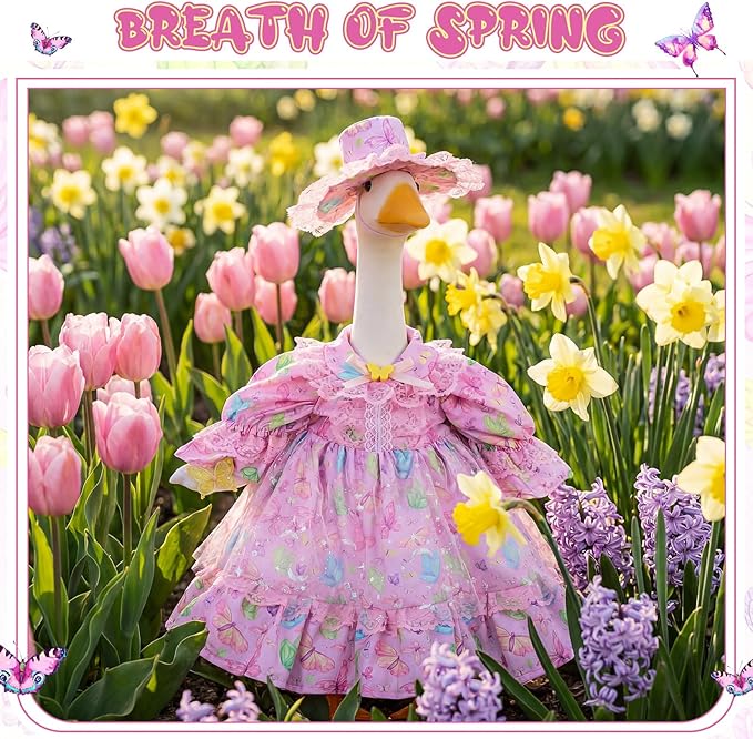 FuWeave Spring Goose Outfit Fancy Dress Butterfly Porch Goose Clothes for 23" Large Statue Outdoor Patio Yard Lawn Art Decoration