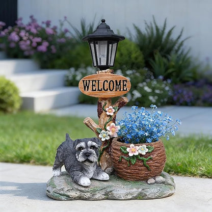 Solar Garden Statue with Planter & Solar Lantern, Outdoor Resin Animal Sculpture, Waterproof Yard Lawn Decor Pot for Succulents, Front Porch Ornament Housewarming Gift (Miniature Schnauzer)