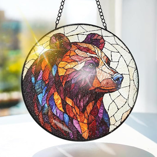 Bimkole Bear Stained Glass Suncatcher Window Hanging - Animals Design for Indoor Window or Doorway Decoration - 7.87x7.87 inch with Chain and Hook - Unique Home Decor Gift