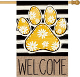 AVOIN colorlife Yellow Paw Print Spring House Flag 28x40 Inch Double Sided Outside, Daisy Floral Welcome Stripes Yard Outdoor Flag