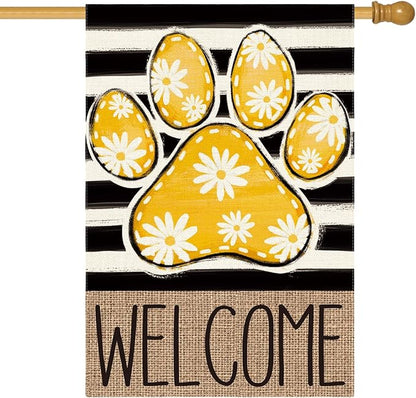 AVOIN colorlife Yellow Paw Print Spring House Flag 28x40 Inch Double Sided Outside, Daisy Floral Welcome Stripes Yard Outdoor Flag