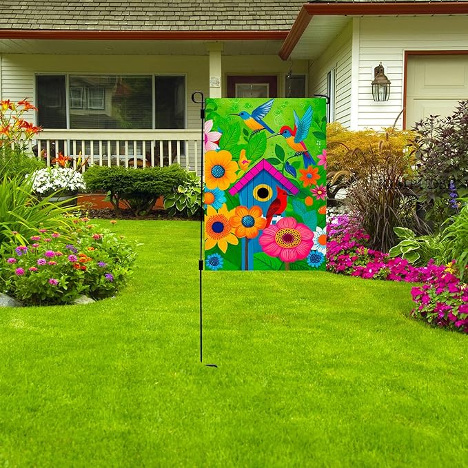 Spring Summer Garden Flags for Outside, Hummingbird Yard Flags with Colorful Birds, Flowers, and Birdhouse Design, 12x18 Inch Double Sided Small Burlap Garden Flags Outdoor Decor