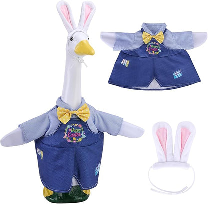 Watayo 2 Pcs/Set Easter Porch Goose Outfits, Happy Easter Bunny Lawn Goose Costume, Cute Garden Goose Clothes Suspender Skirt and Bunny Ears Headband for 23" High Statue Spring Patio Yard Decor