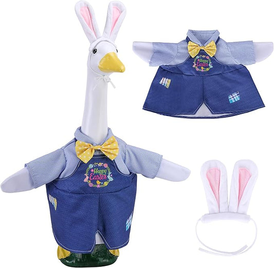 Watayo 2 Pcs/Set Easter Porch Goose Outfits, Happy Easter Bunny Lawn Goose Costume, Cute Garden Goose Clothes Suspender Skirt and Bunny Ears Headband for 23" High Statue Spring Patio Yard Decor