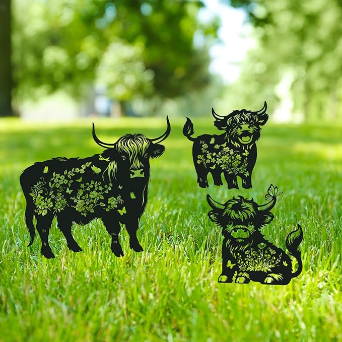 Rngmsi Highland Cow Garden Stakes Decorations 3PCS Cow Metal Silhouette Statues Garden Decor for Lawn Ornaments and Yard Art Supplies, Cow Gifts for Women Men Highland Cow Lovers