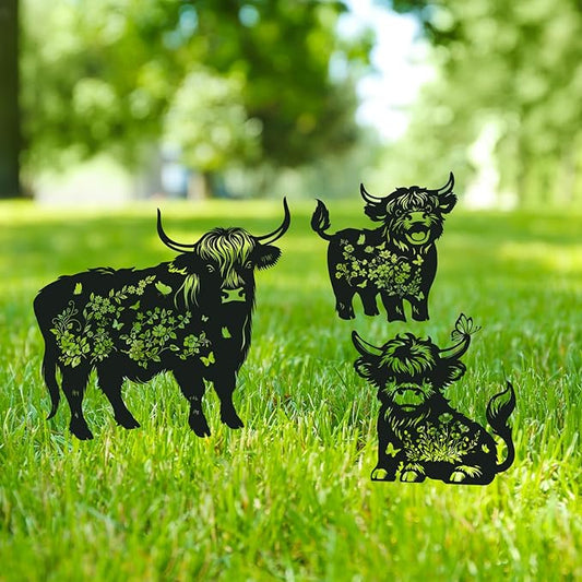 Rngmsi Highland Cow Garden Stakes Decorations 3PCS Cow Metal Silhouette Statues Garden Decor for Lawn Ornaments and Yard Art Supplies, Cow Gifts for Women Men Highland Cow Lovers