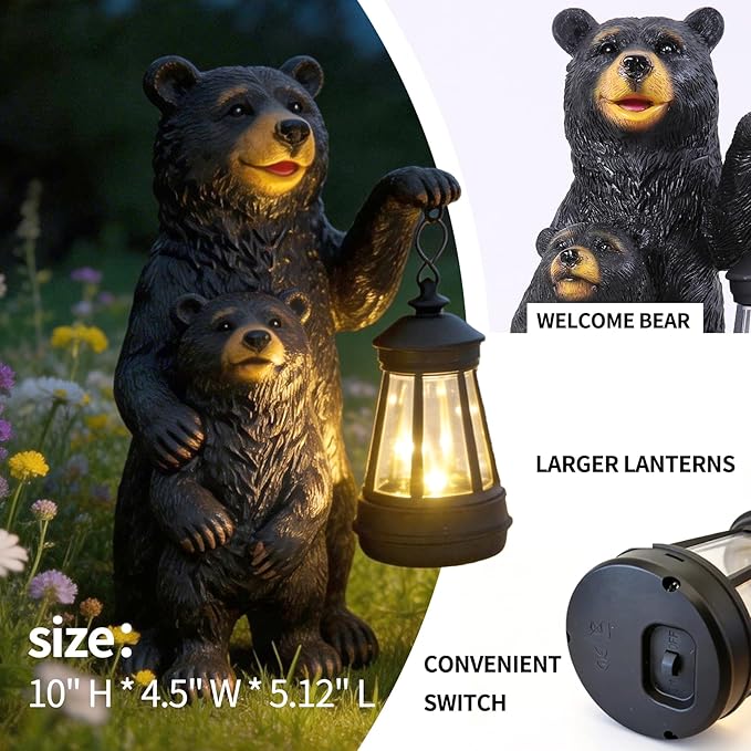 Solar Garden Statue Bear Family - 10" H Resin Outdoor Statue with Solar Powered Lantern - Welcome Bear Decor Outdoor, Unique Birthday Gifts for Women - Waterproof Patio Yard Decorations