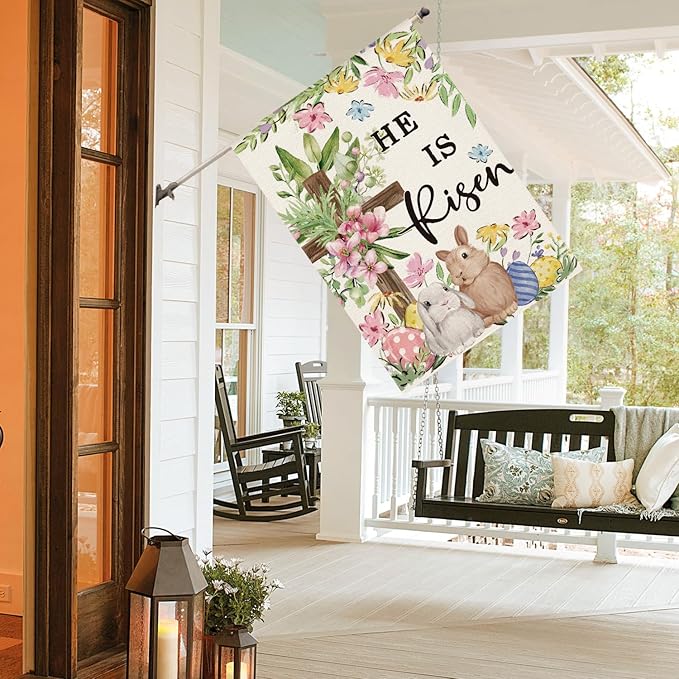 AVOIN colorlife He Is Risen Easter House Flag 28x40 Inch Double Sided Outside, Bunnies Flowers Cross Yard Outdoor Decoration