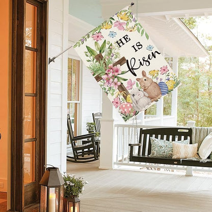 AVOIN colorlife He Is Risen Easter House Flag 28x40 Inch Double Sided Outside, Bunnies Flowers Cross Yard Outdoor Decoration
