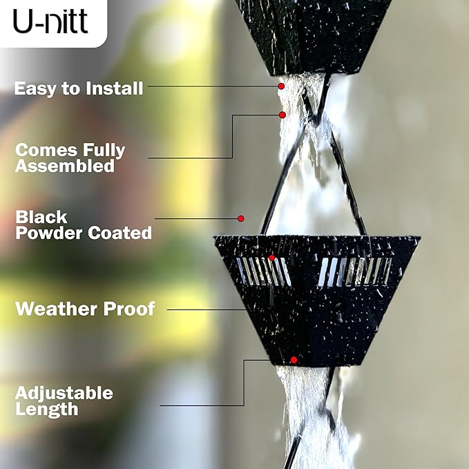U-nitt Rain Chain Water Collection for Gutters Rainwater Catcher & Diverter, 8.5 FT Chains for Outside Garden, Black Square Cups, Roof Downspout, Works with Heavy Rain, w/ Gutter Clip for Rainchains