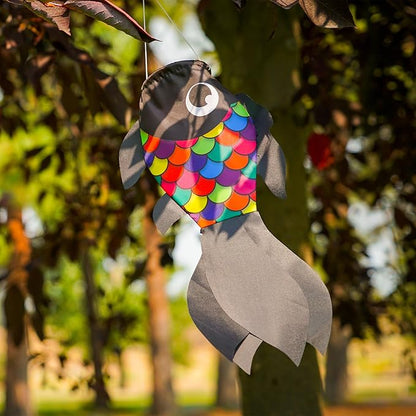 In the Breeze 5224 — 15-inch Black & Rainbow Damsel Fish — Colorful Fishsock Hanging Garden Decor with Detailed Printed Graphics