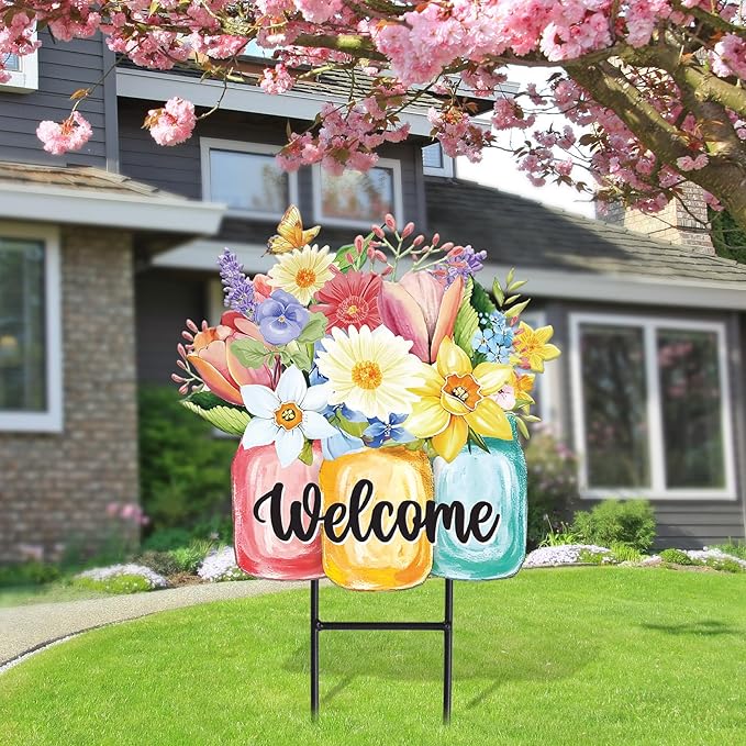 JarThenaAMCS Spring Flower Metal Garden Stakes Colorful Floral Vase Decorative Lawn Sign Welcome Yard Sign for Home Outside Lawn Porch Walkway Decor