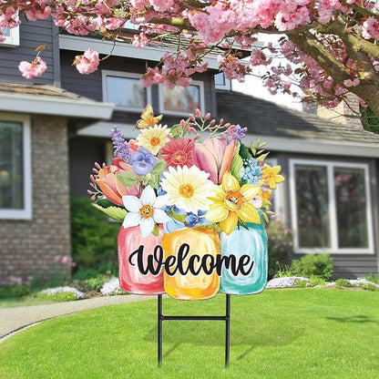 JarThenaAMCS Spring Flower Metal Garden Stakes Colorful Floral Vase Decorative Lawn Sign Welcome Yard Sign for Home Outside Lawn Porch Walkway Decor