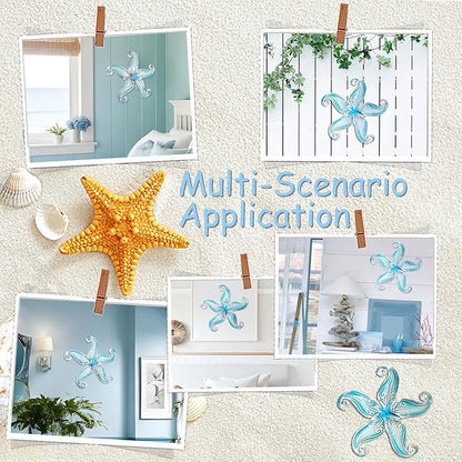 POXOHO Starfish Coastal Wall Decor Art, Starfish Beach Theme Bathroom Decor for Bedroom House Home, 12" Hanging Glass Sculpture, Beach Wall Art Ocean Gifts for Women & Men (Sky Blue)