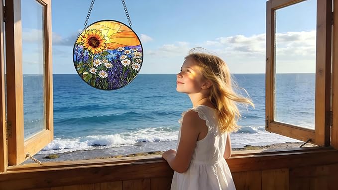 Stained Glass Window Hanging - Sunflowers, Daisies, Lavender and Sunset 6.3 Inches Suncatcher for Garden Home Decor for Women Mon Grandma Friends