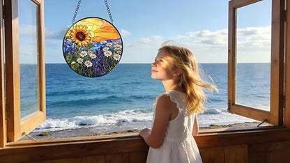 Stained Glass Window Hanging - Sunflowers, Daisies, Lavender and Sunset 6.3 Inches Suncatcher for Garden Home Decor for Women Mon Grandma Friends