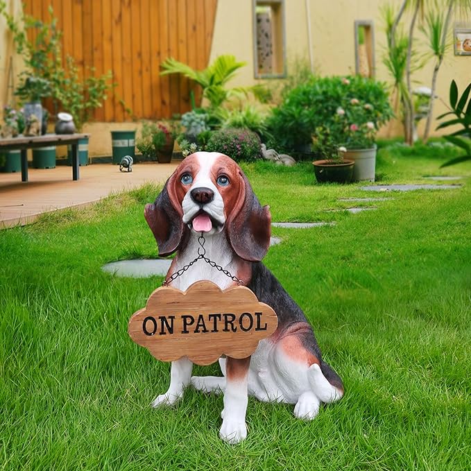 Tricolor Beagle Country-Garden Accent with Solar Lantern and Reversible Sign, Sitting Beagle Statue for Gateways, Flower Borders & Courtyard