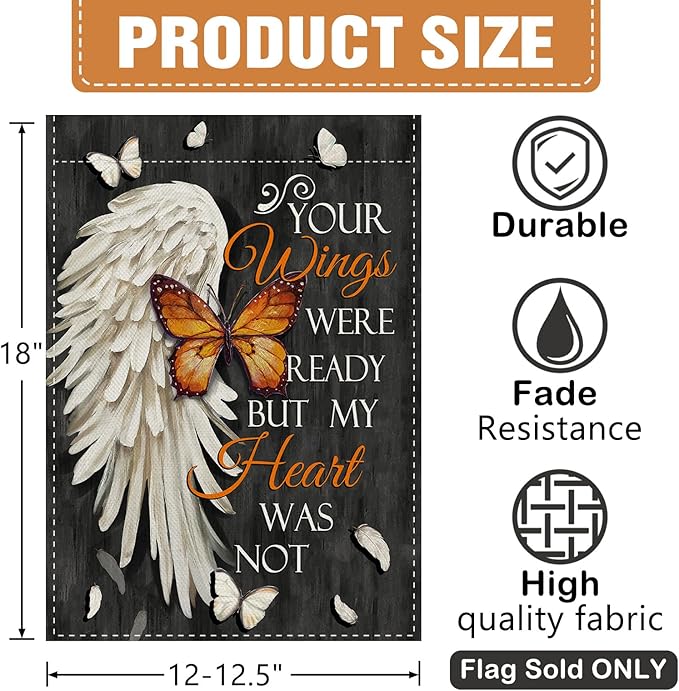 Dyrenson Memorial You Wings Were Ready But My Heart Was Not Decorative Garden Flag, Butterfly Cemetery Yard Outside Home Decoration, Burlap Outdoor Small Decor Double Sided 12 x 18