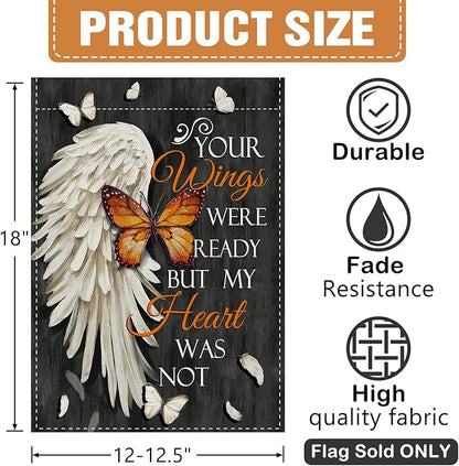 Dyrenson Memorial You Wings Were Ready But My Heart Was Not Decorative Garden Flag, Butterfly Cemetery Yard Outside Home Decoration, Burlap Outdoor Small Decor Double Sided 12 x 18