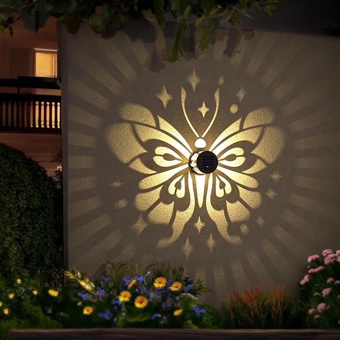 Hapjoy Solar Fence Lights 2 Pack Outdoor Deck Step Wall Lights Metal Waterproof LED Warm Yellow Light for Garden Post Patio Backyard Yard Decor (Butterfly-Star, 2)