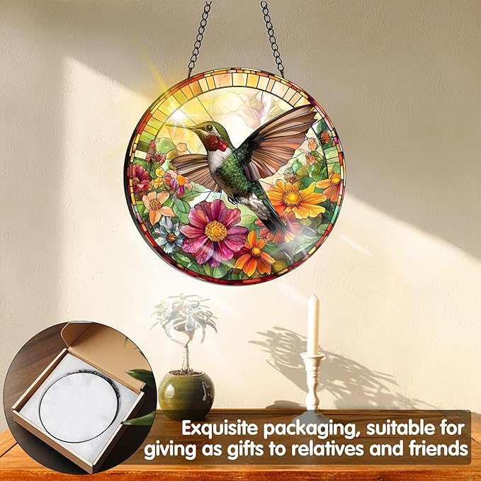 VAIIEYO Hummingbird Sun Catcher Stained Glass Window Hanging Ornament, Handmade Sun Catcher Animal Decoration with Hooks for Window Garden Home, Mother's Day & Birthday Housewarming Gift (7.8 inch)