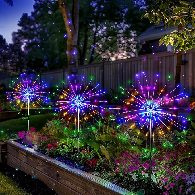 4 Pack Solar Firework Lights Outdoor, Adjustable 32" to 51" Extra Tall, Verified 200 LED Multicolor Stainless Steel 3-Section Pole, 8 Modes Waterproof Starburst Garden Lights for Yard Pathway
