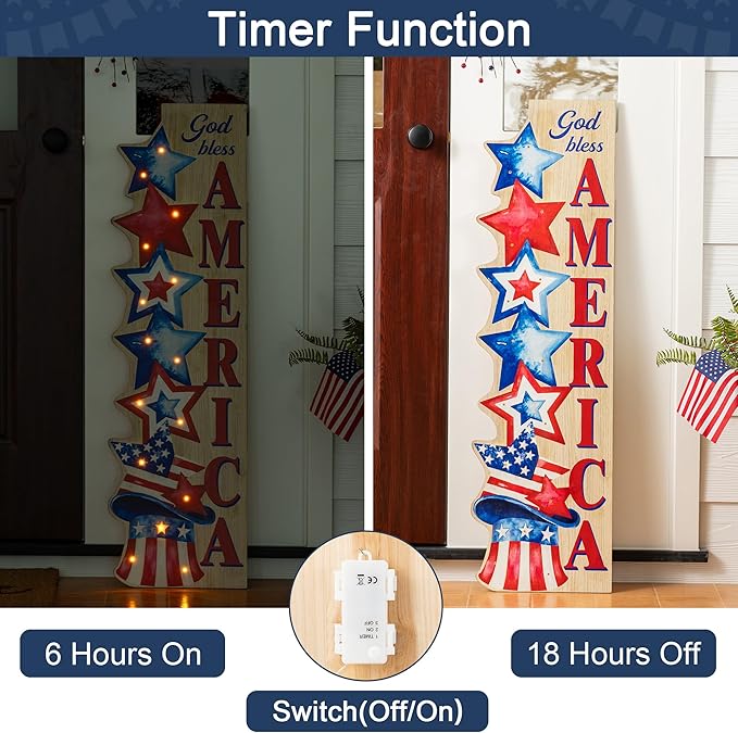 Glitzhome Patriotic Porch Sign, 4th of July Independence Day Welcome Sign with Timer, Memorial Day 42"H Farmhouse Wooden "AMERICA" Porch Decor Hanging Sign Front Door Porch, Standing Home Decor